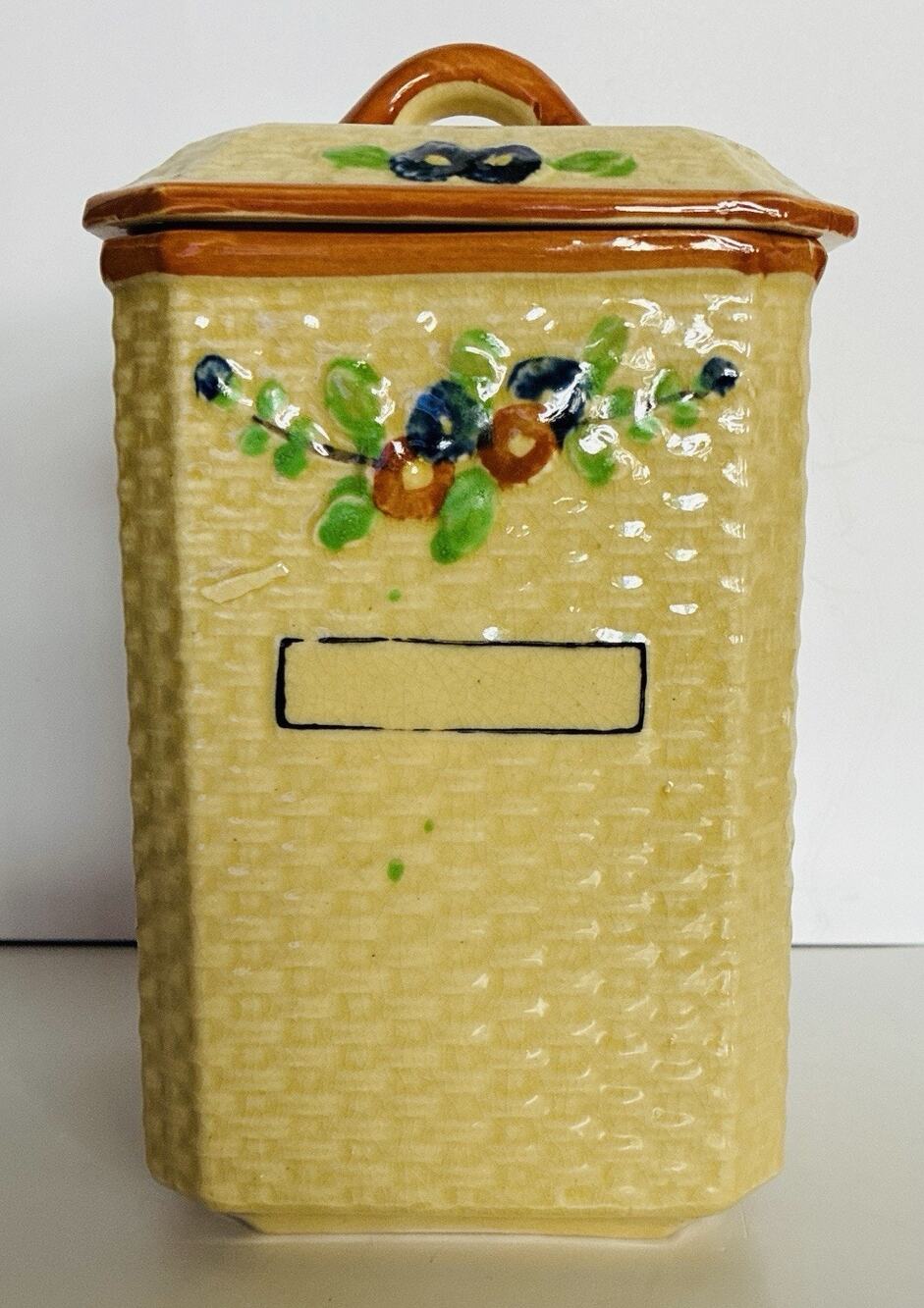 Vintage Hotta Yu Shoten Basketweave Majolica Ceramic Lidded Canister Hand Painte